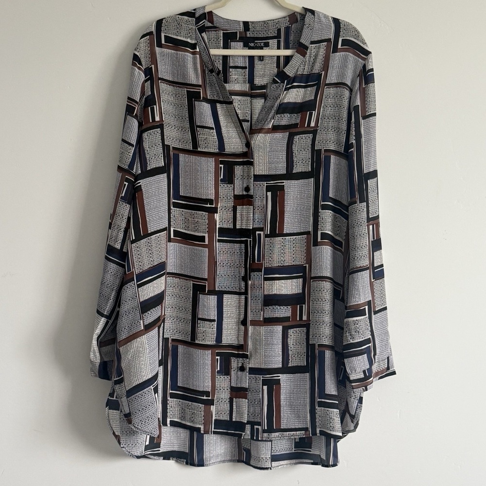 Nic+Zoe Silk Blouse XL Abstract Print Button Up Career Professional Luxury